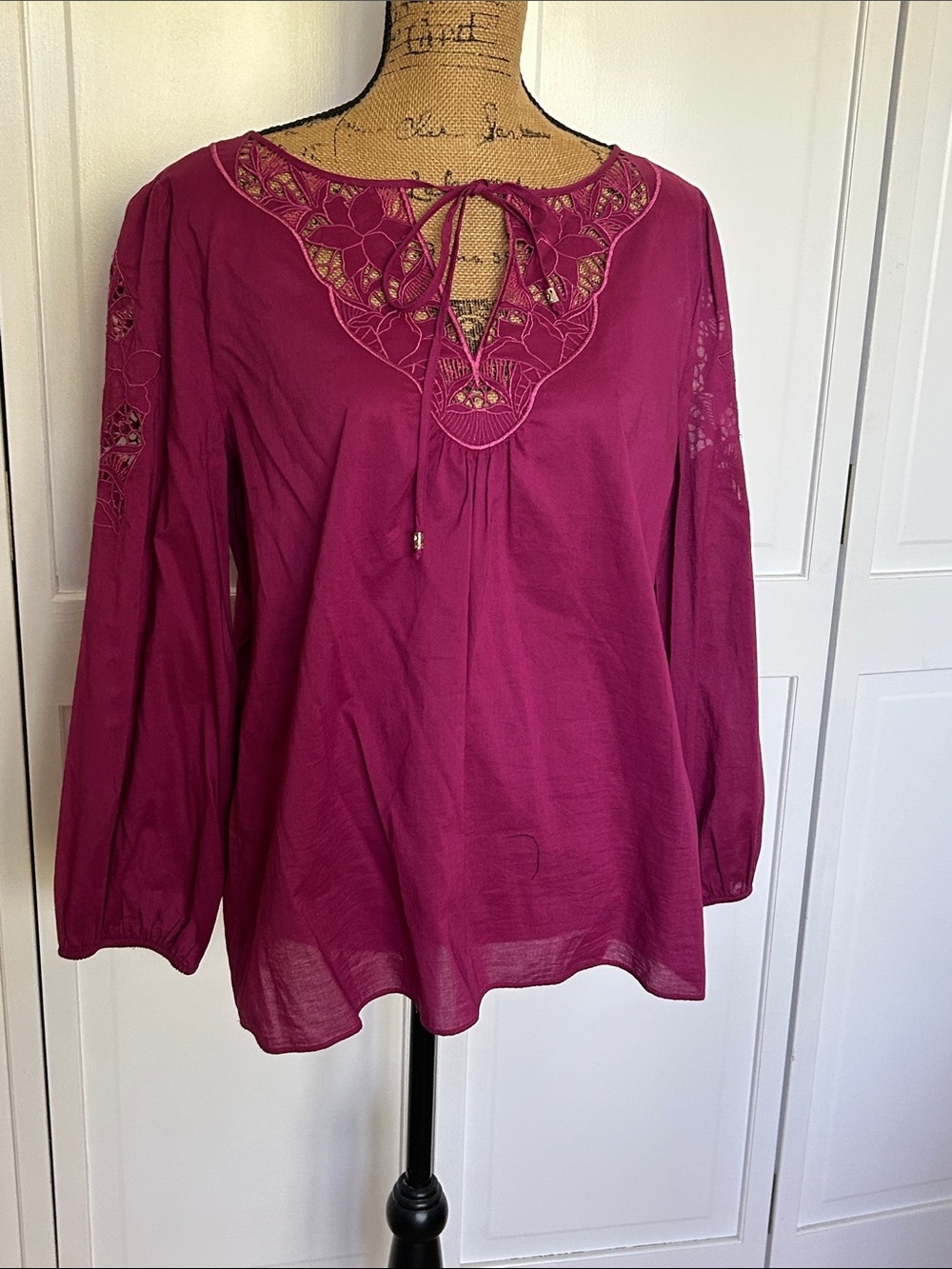 White House Black Market Berry-Pink Embroidered Tie-Front Tunic